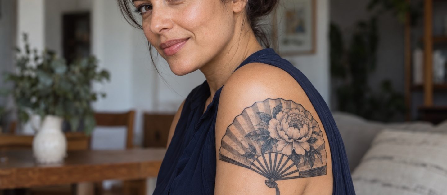 Leque aberto em preto e cinza com peônia tatuado no braço de mulher adulta