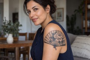 Leque aberto em preto e cinza com peônia tatuado no braço de mulher adulta