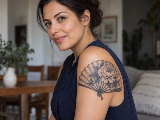 Leque aberto em preto e cinza com peônia tatuado no braço de mulher adulta