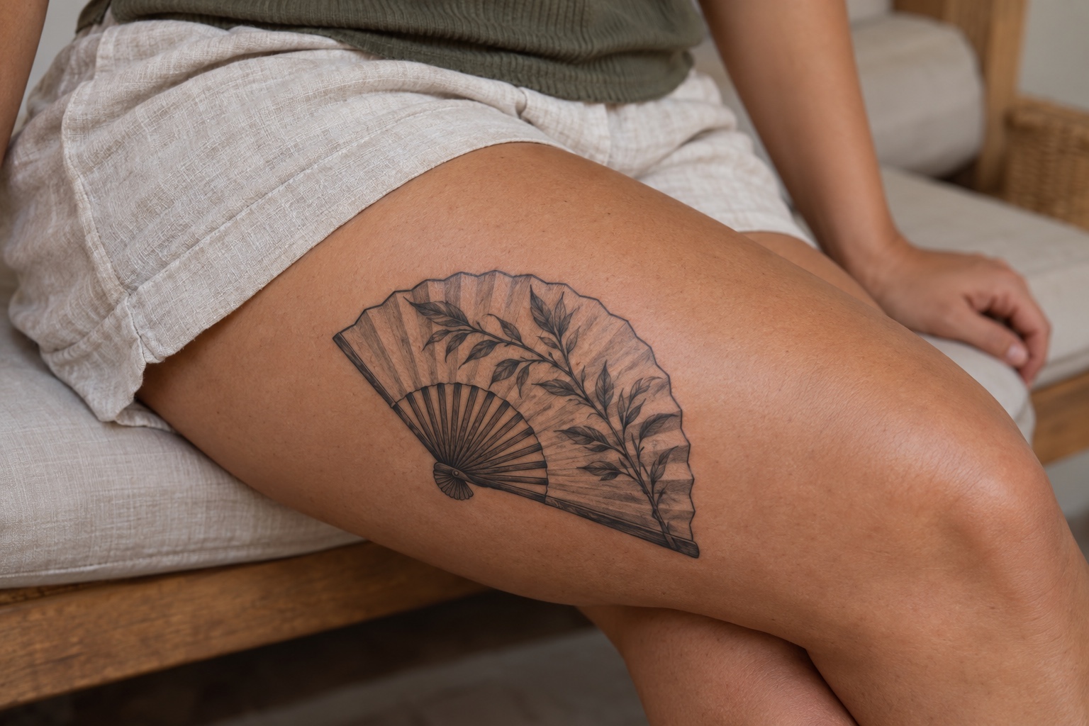 Leque com ramo botânico tatuado na perna de mulher adulta
