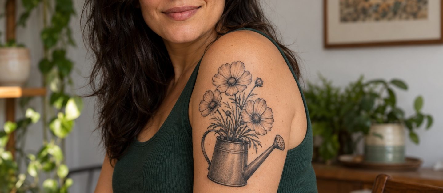 Regador preto e cinza com flores tatuado no braço de mulher adulta