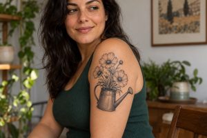 Regador preto e cinza com flores tatuado no braço de mulher adulta
