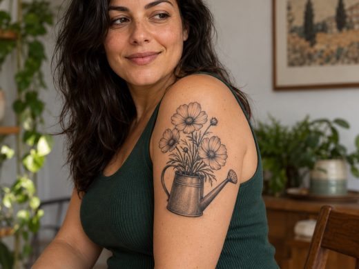 Regador preto e cinza com flores tatuado no braço de mulher adulta