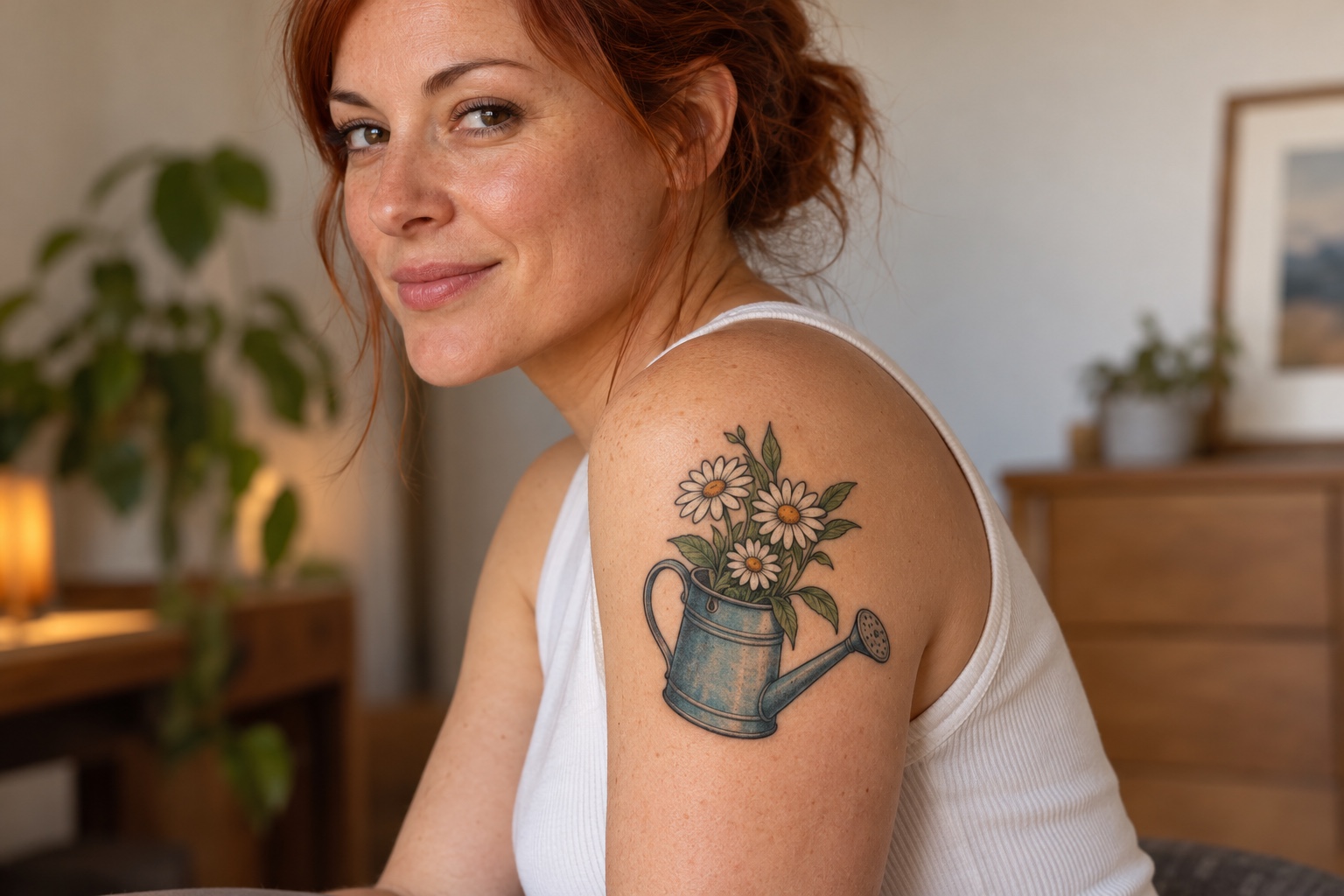 Regador azul com margaridas tatuado no ombro de mulher adulta
