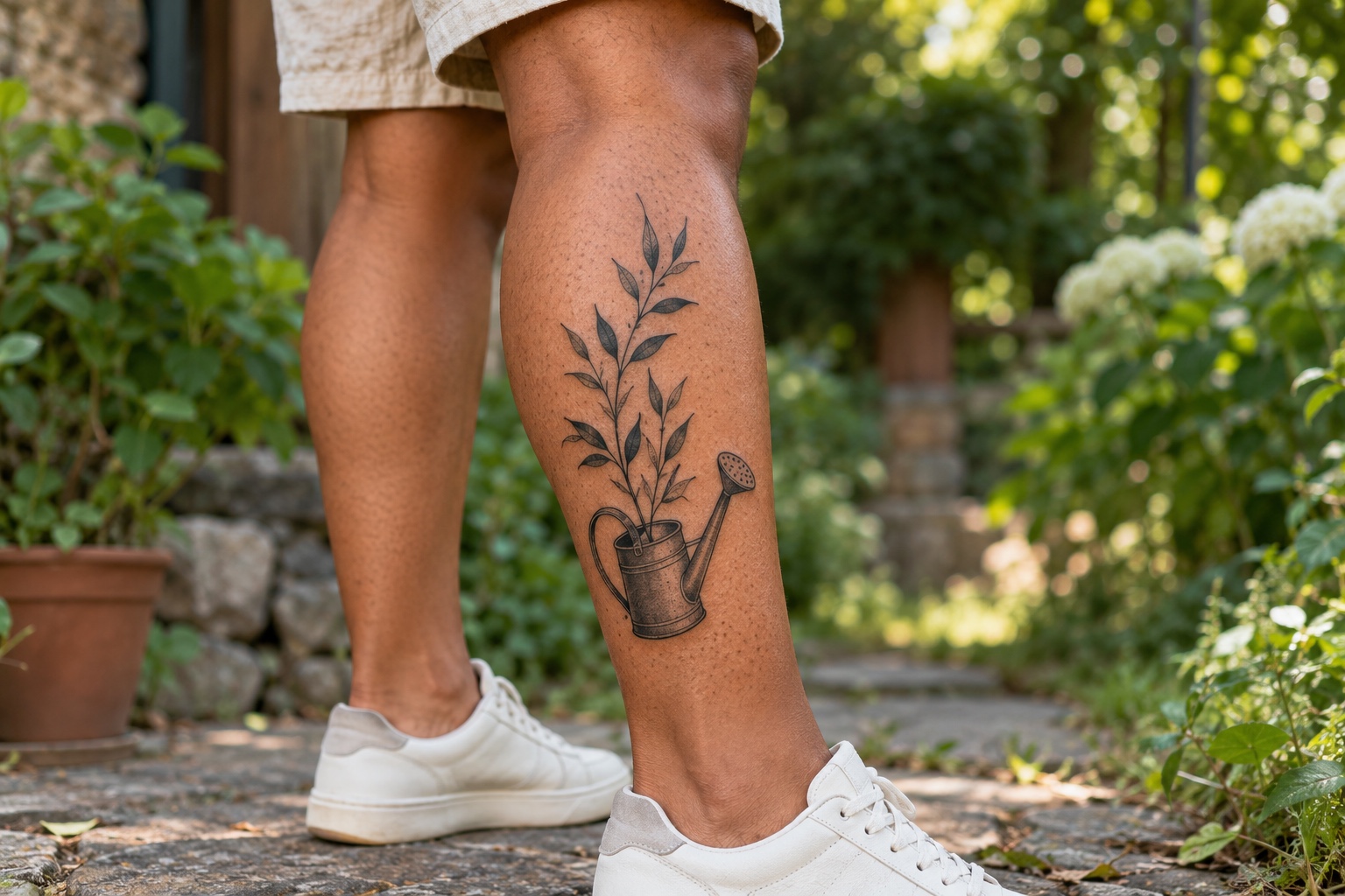 Regador com ramos de folhas tatuado na panturrilha de mulher adulta