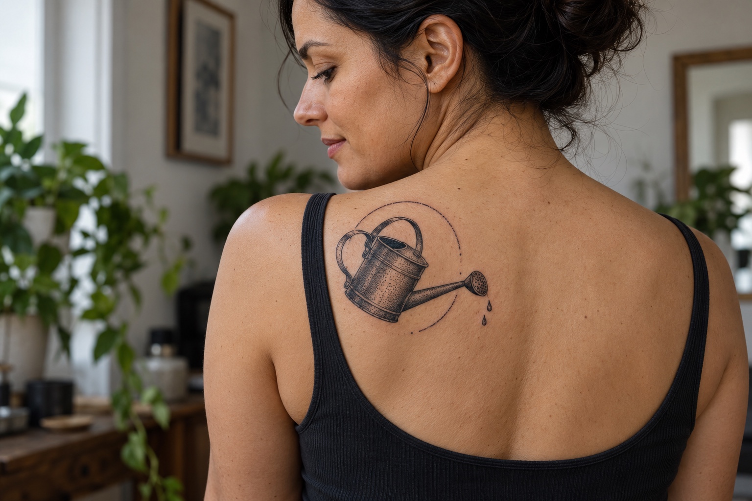 Regador em pontilhismo com arco aberto tatuado nas costas superiores de mulher adulta