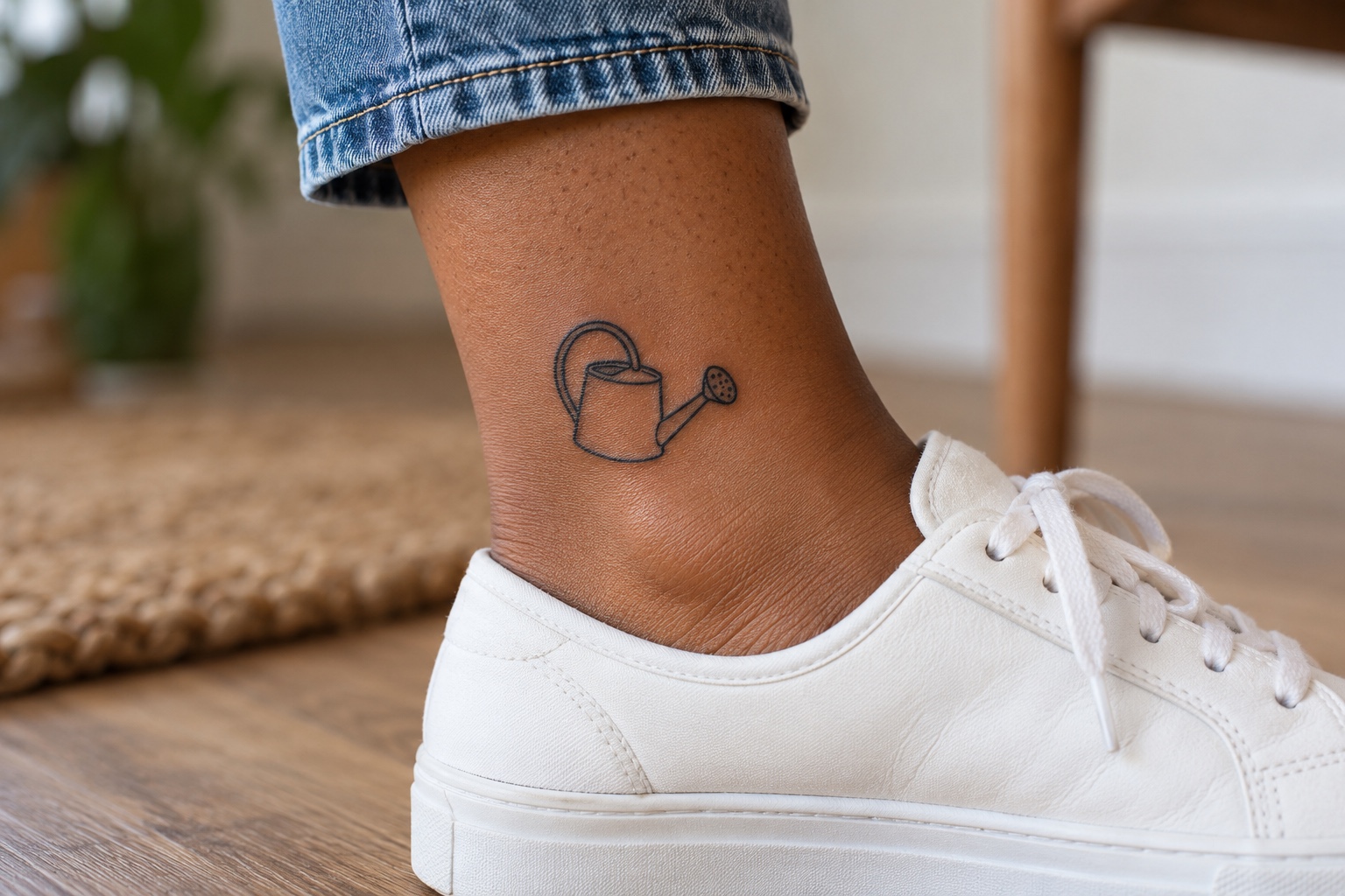 Pequeno regador de contorno preto tatuado acima do tornozelo de mulher adulta