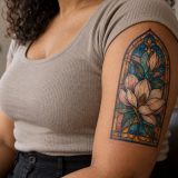 Tatuagem colorida de magnólia em moldura de vitral no braço de mulher adulta
