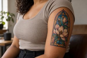 Tatuagem colorida de magnólia em moldura de vitral no braço de mulher adulta