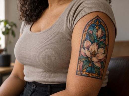 Tatuagem colorida de magnólia em moldura de vitral no braço de mulher adulta